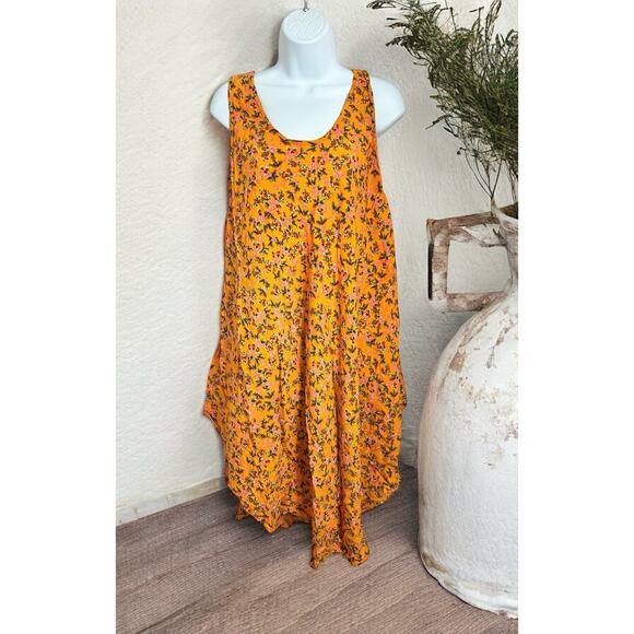 Mudd Boho Trapeze Dress One Size Dark Yellow Floral Sleeveless Round Hi-Low Hem - Picture 1 of 4
